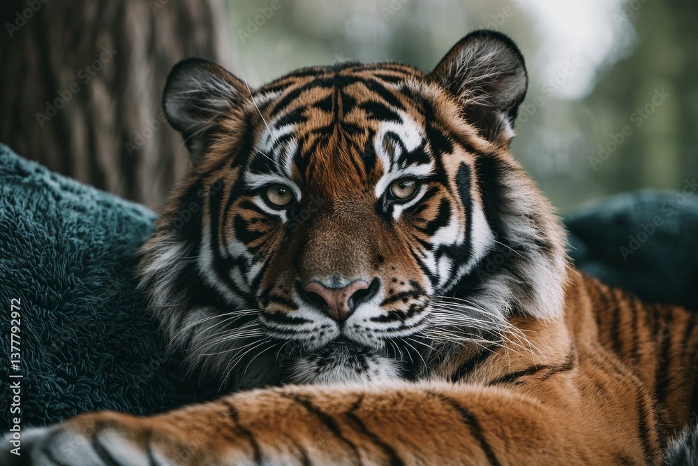 Fototapeta premium A tiger is laying on a bed with its head resting on a pillow