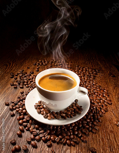 Una taza de café caliente sobre plato de porcelana y mesa de madera rústica rodeado de granos de café tostados, AF