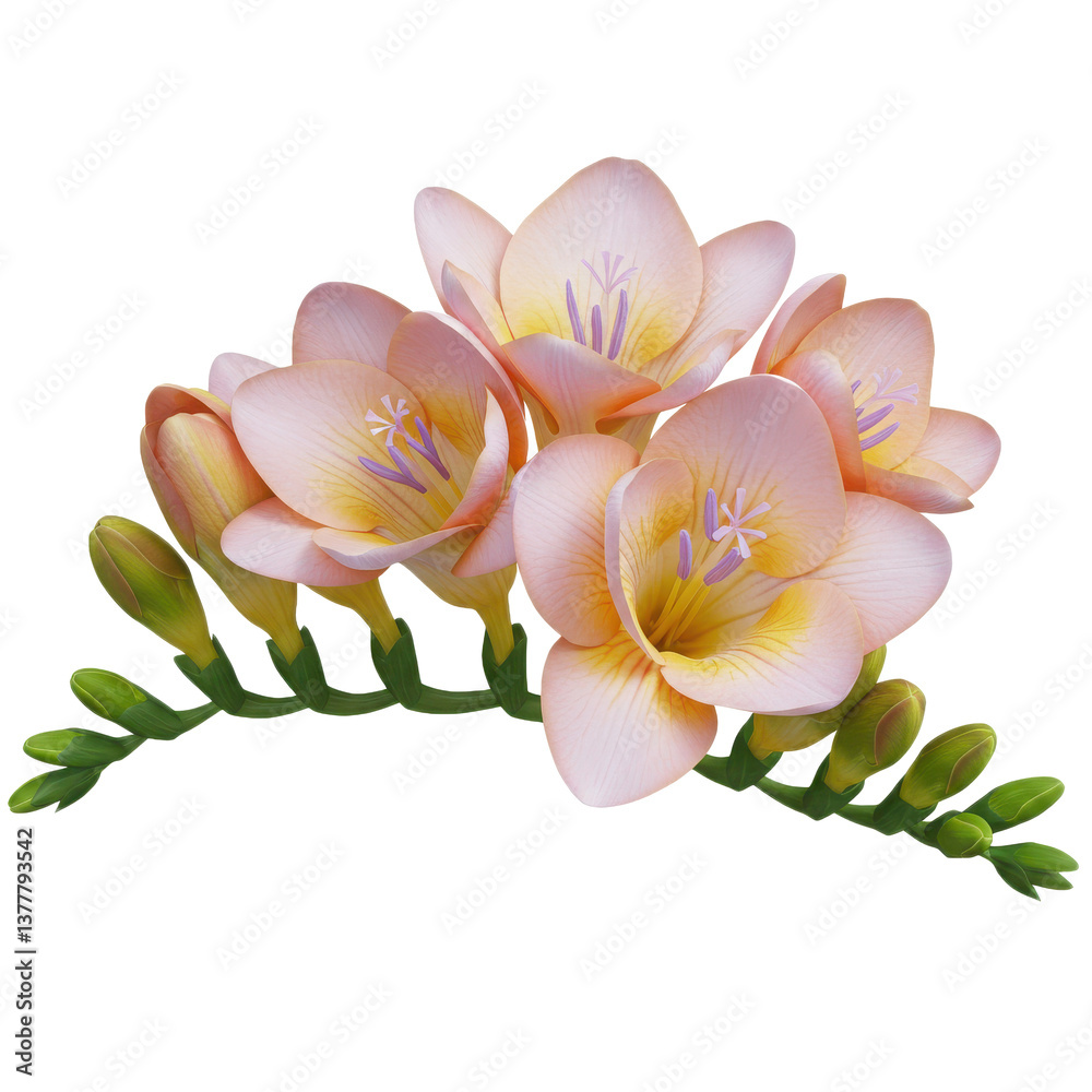 Fototapeta premium Close up of a cluster of freesia flowers with yellow and peach petals against a black background