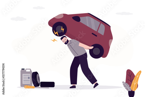 Angry man carry yellow car on his back. Monthly auto loan installments too heavy. Expensive car maintenance and repair. Driver drags car on himself. Debt concept