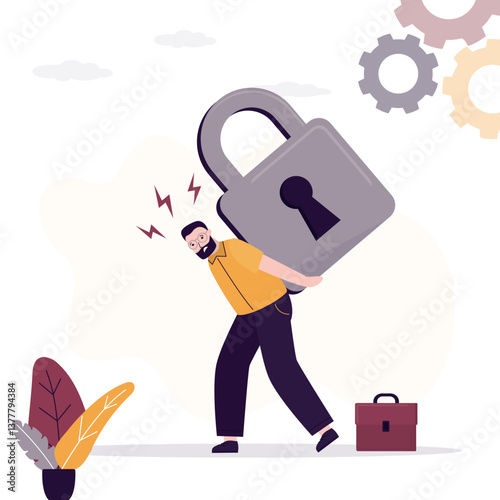 Unhappy businessman carrying heavy padlock suffer from bankruptcy. Challenges, problems and difficulties. Stressed man employee pressed by lock burden. Debt and financial crisis.