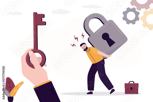 Businessman carrying heavy padlock suffer from bankruptcy. Challenges, problems and difficulties. Stressed employee pressed by lock burden. Business coach