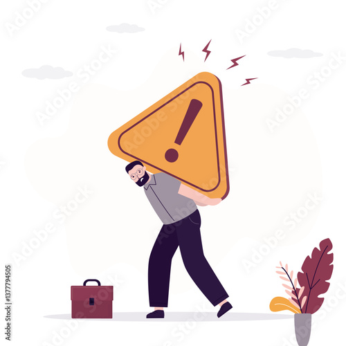 Tired businessman carry heavy warning sign. Fear of mistakes and difficulties. Complexity of business, possible ban or restrictions. Dangerous situation at work.
