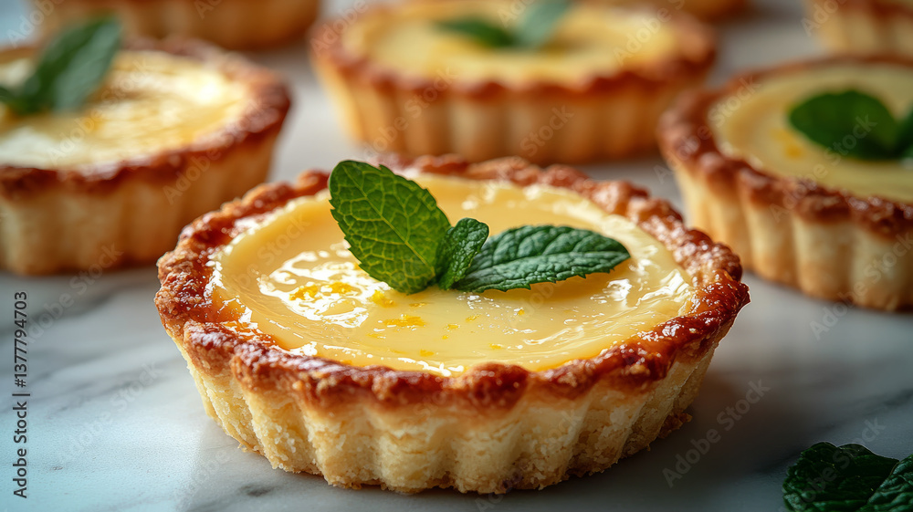Lemon tarts with mint garnish on marble surface. Lemon tarts with mint garnish on marble surface.