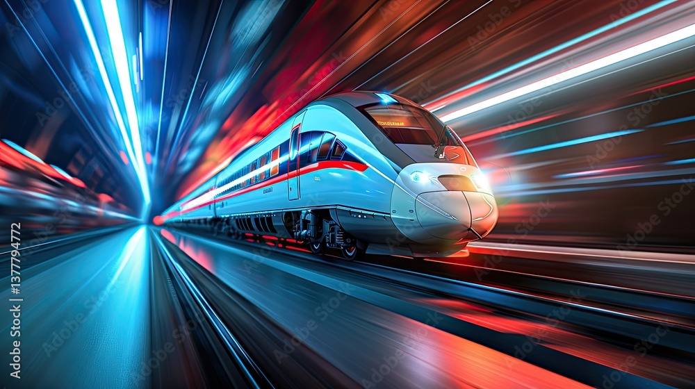 High-speed train in motion, illuminated with neon lights against the backdrop of the city's nightlife