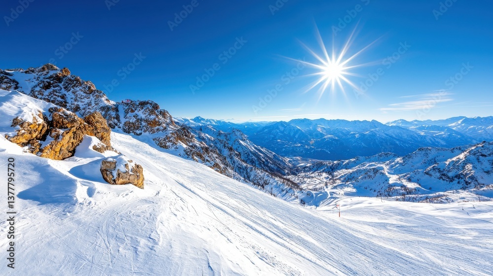 Majestic snow covered mountain landscape with skier gliding down the slope on a bright sunny winter day Picturesque alpine scenery with rugged peaks fresh powder and clear crisp atmosphere Majestic snow covered mountain landscape with skier gliding down the slope on a bright sunny winter day Picturesque alpine scenery with rugged peaks fresh powder and clear crisp atmosphere