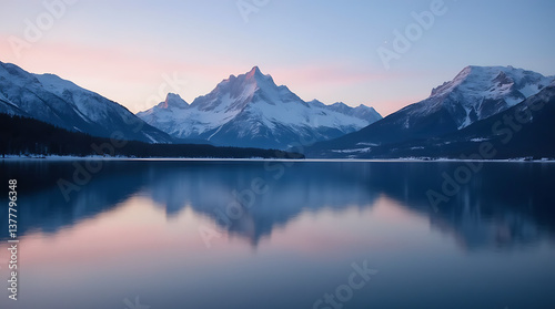 Peaceful Lake Reflection of Snow-Capped Mountains under a Twilight Sky for Serenity