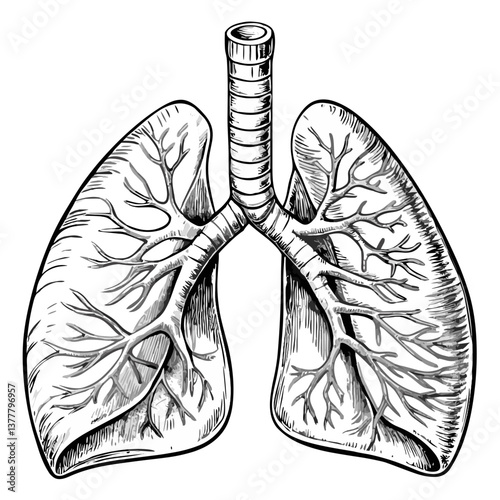 Anatomical drawing of lungs in black and white style  