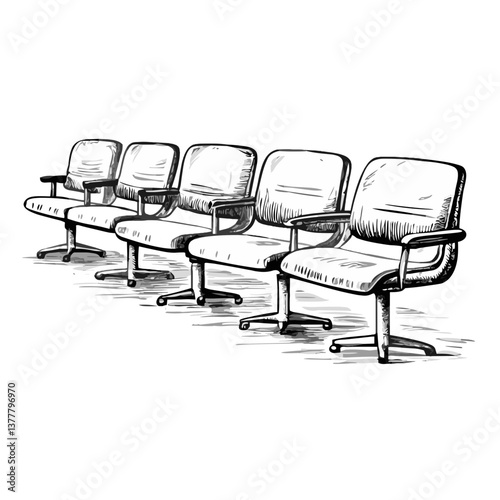 Sketched office chairs arranged in a row against a white background  