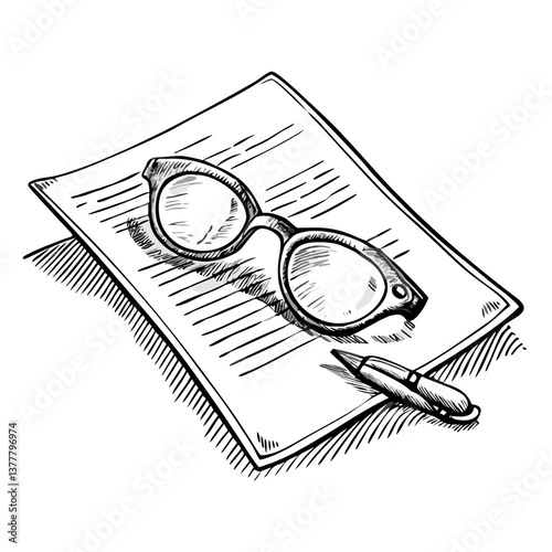 Sketch of glasses and pen on lined document  
