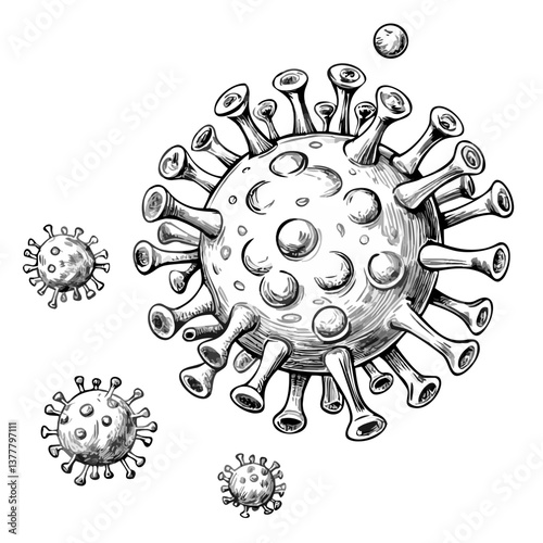 Virus illustration in detailed sketch style on white background  