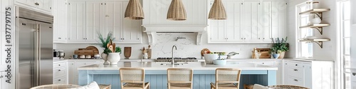 White kitchen featuring light blue island, wood floor, marble countertops, and rattan lamps. Stylish and bright dining area.