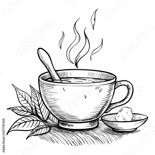 Hand-drawn tea cup steaming with spoon and herbs on a plate  