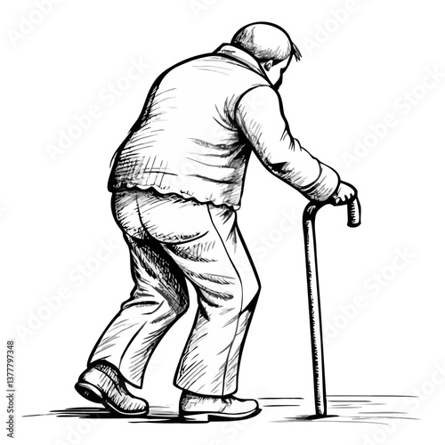Elderly man walking with a cane in a sketched style  