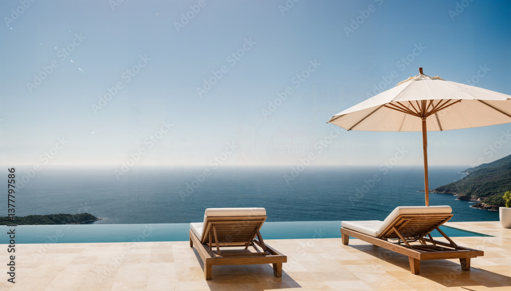 Obraz premium A minimalist and luxurious seaside setting featuring two modern sun loungers with white cushions and teal pillows beside an infinity pool. A large white parasol offers shade, and the calm blue sea 