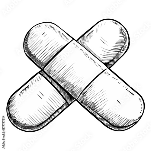 Sketch of Two Crossed Band-Aids on White Background  