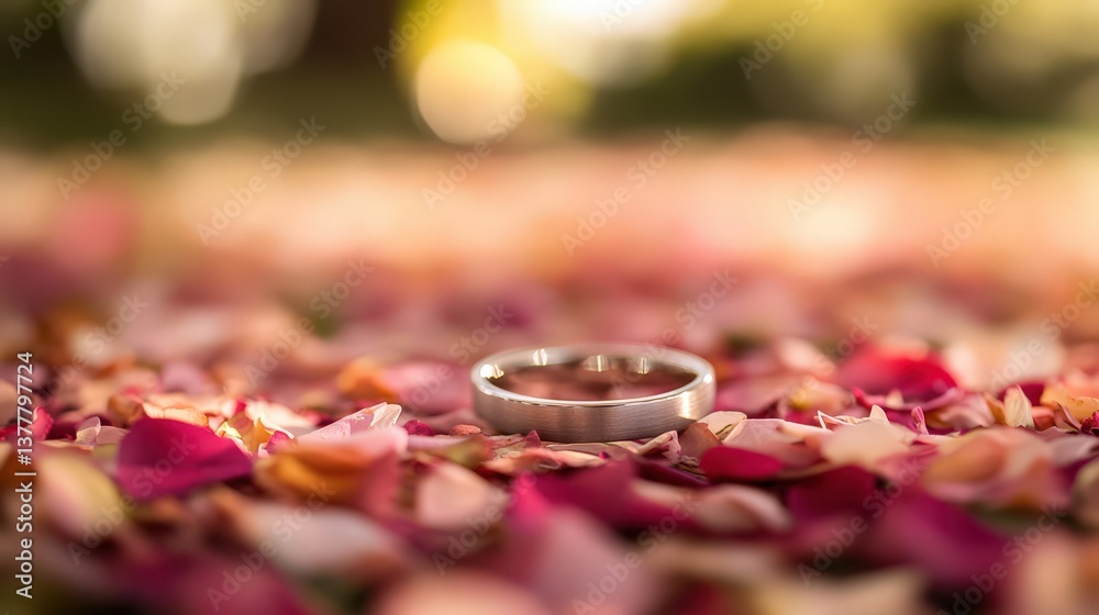 A silver wedding ring is resting on scattered rose petals