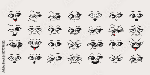 Vector illustration of various facial expressions, depicting emotions like happiness, sadness, surprise, and mischief, ideal for use in digital design, emojis, and character creation