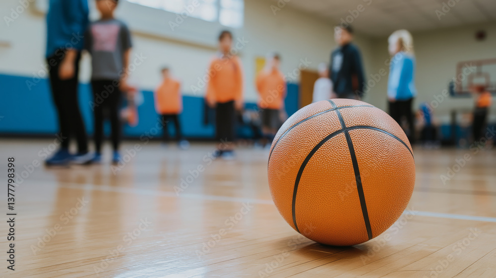 Obraz premium basketball on court with players in background
