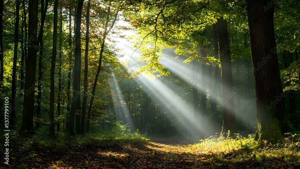 Fototapeta premium A tranquil forest scene with sunlight streaming through trees, illuminating a path covered in fallen leaves. Concept Tranquil Forest, Sunlight Through Trees, Scenic Path, Fallen Leaves