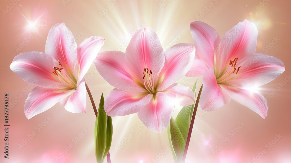 Fototapeta premium Beautiful pink lilies with soft light background