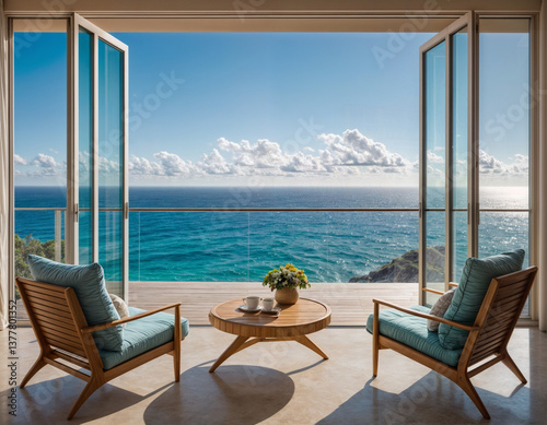 A stunning ocean view framed by open double doors  leading to a sunny balcony with two wooden chairs and a small round table