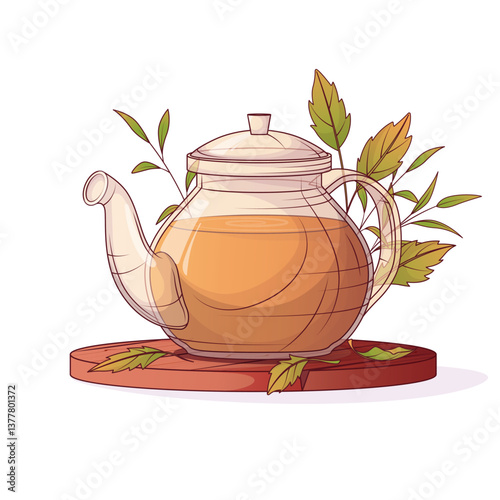 Vector illustration of teapot and leaves isolated on white. For poster, banner, cover, menu, advertising. Tea shop, cafe-bar, tea lover, beverages concept. 