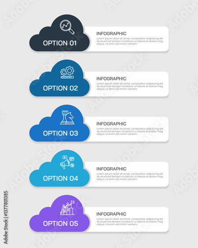 5 Options Vertical Infographic Cloud Design. Presentation, Plan and Strategy. Vector illustration.