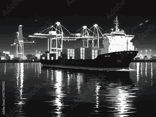 Cranes and cargo handling illustrated in a detailed EPS vector format. Cargo Ship in Port at Night with Reflections on Water Surface