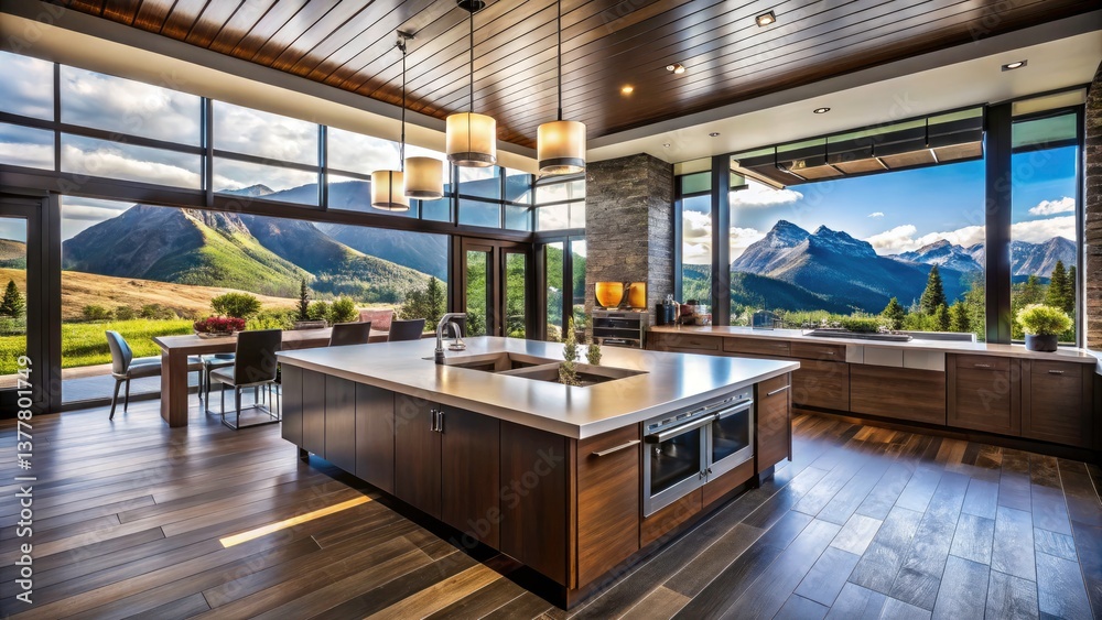 Fototapeta premium Luxurious Mountain View Kitchen - Modern Island, Sleek Wood Cabinets, Expansive Windows
