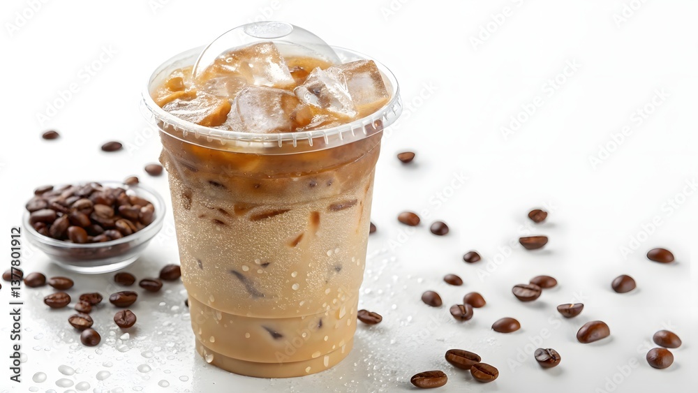 Enjoying a Refreshing Iced Coffee With Coffee Beans on a Clean White Surface Enjoying a Refreshing Iced Coffee With Coffee Beans on a Clean White Surface