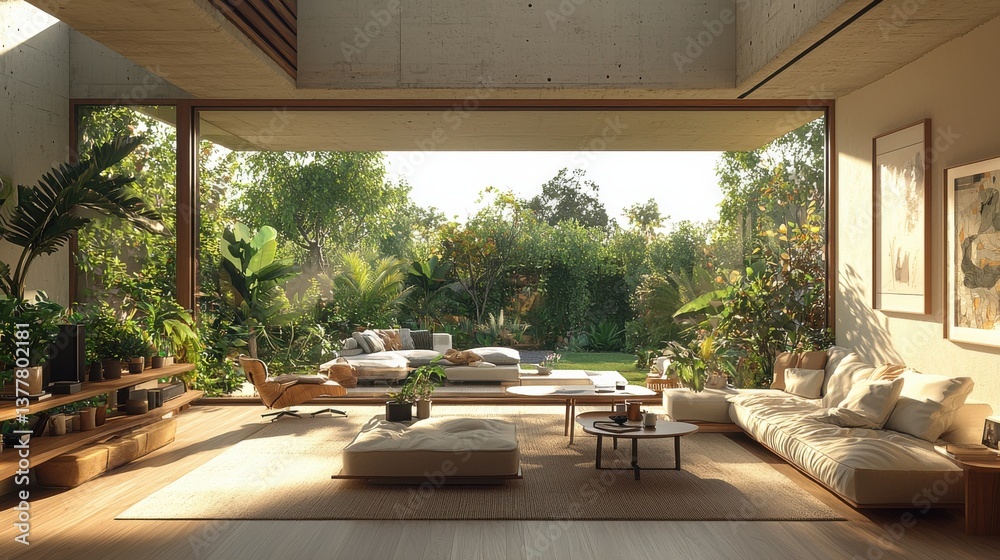 Fototapeta premium Luxurious Tropical Oasis Living Room with Lush Greenery and Plush Furniture Cozy and serene indoor space with modern decor large abundance of natural elements creating a peaceful