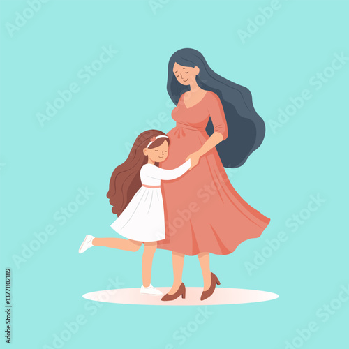 girl in white dress hugging pregnant mom with long dark hair in a dress