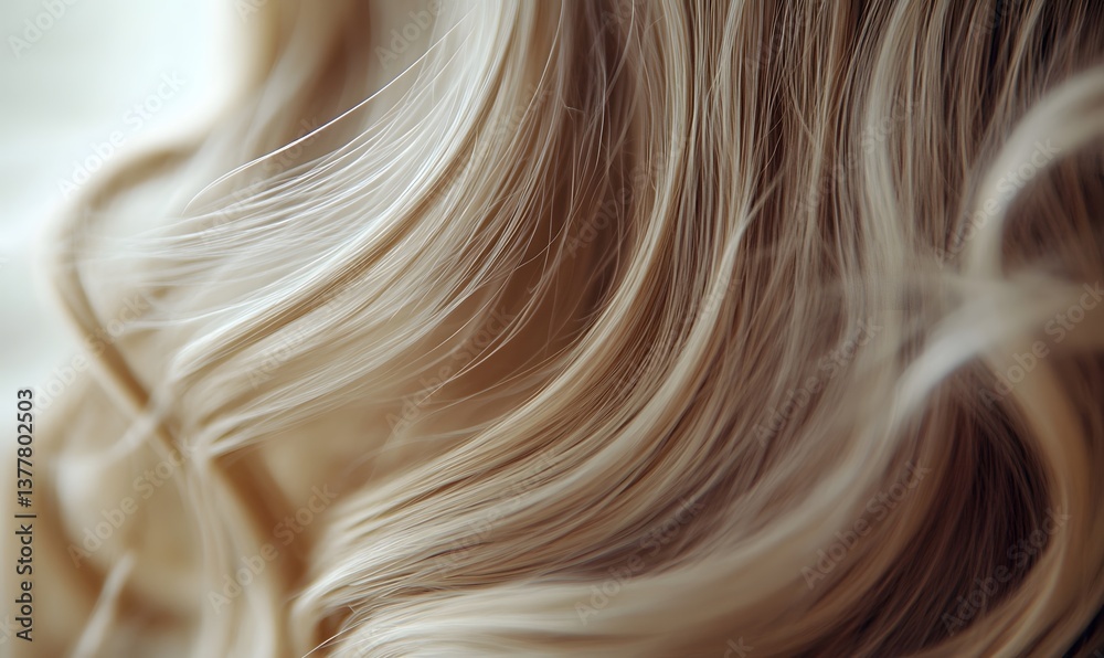 Naklejka premium Close up of blonde hair styled in soft waves showing texture and light highlights in studio setting