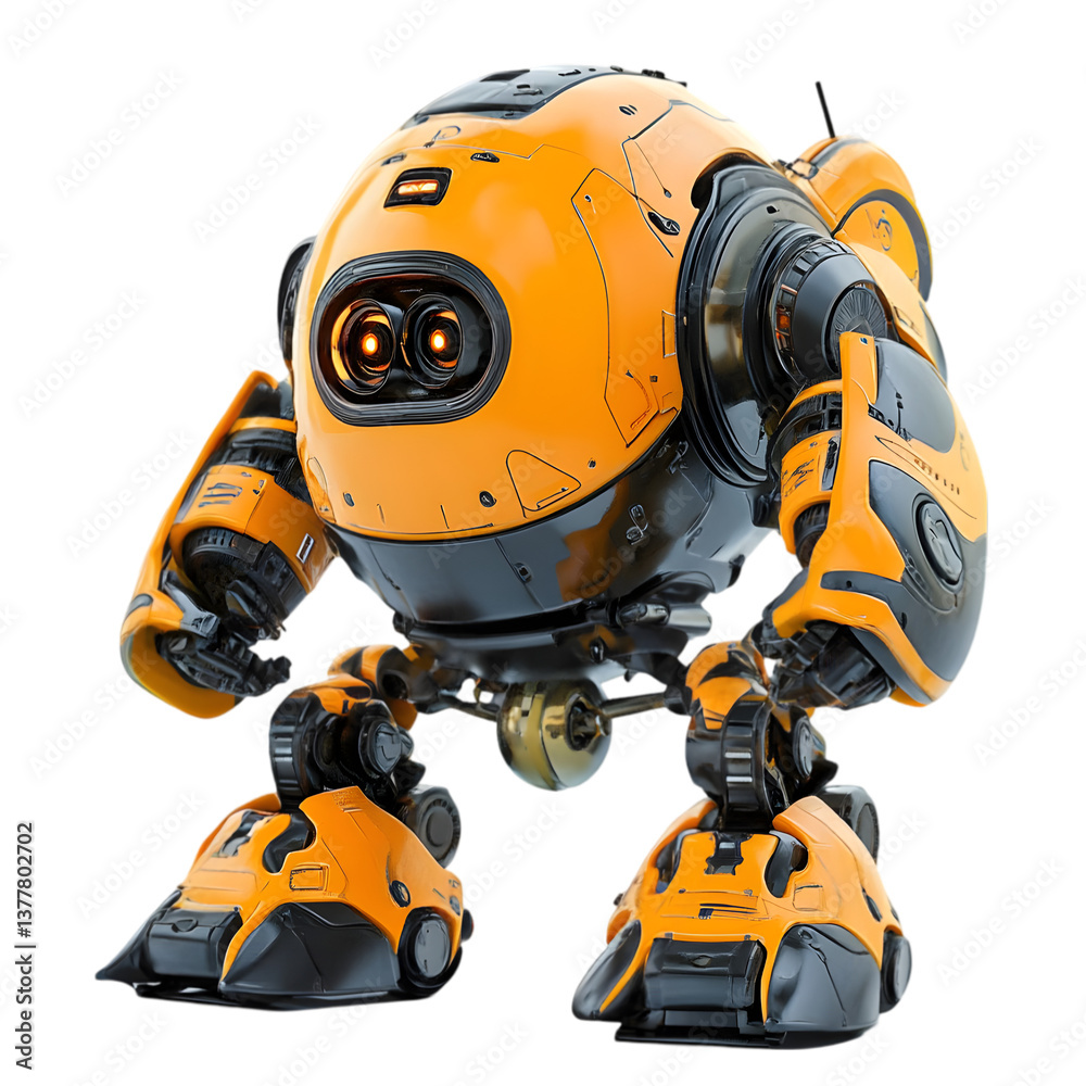A yellow and black robot with glowing eyes standing on a black surface A yellow and black robot with glowing eyes standing on a black surface