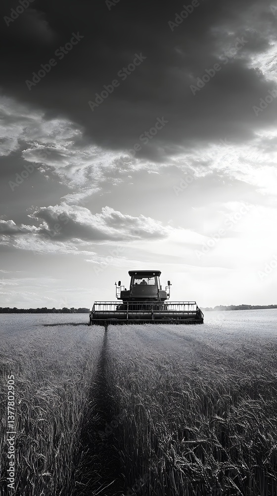 Fototapeta premium An old weathered harvester drives through a serene countryside field captured in striking black and white with a contemporary cinematic lighting effect