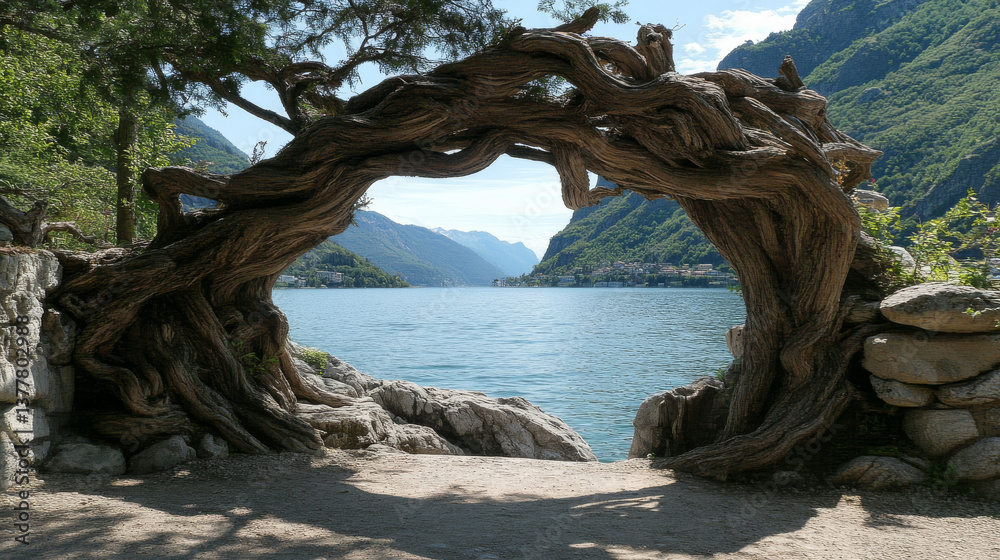 Obraz premium beautiful tree arch frames serene lake view