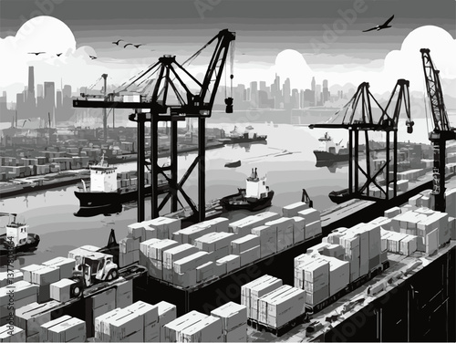 Cranes and cargo handling illustrated in a detailed EPS vector format. Urban Harbor Scene with Cranes and Shipping Containers