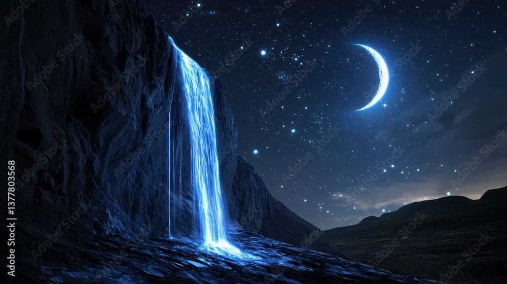 Fototapeta premium A cinematic landscape where waterfalls flow across a glowing cliff, moon and stars blending into one