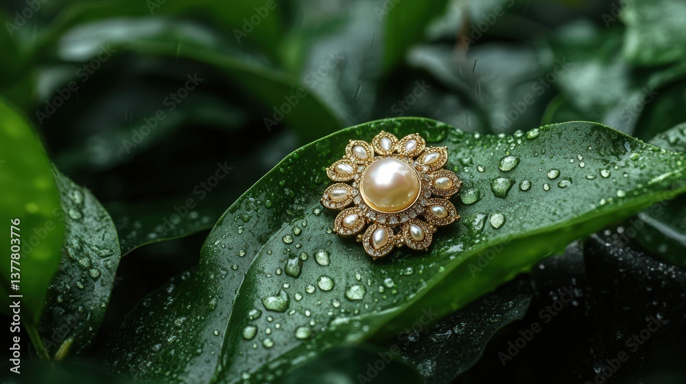 An Elegant Brooch Adorned With Pearls Resting On A Green Leaf An Elegant Brooch Adorned With Pearls Resting On A Green Leaf