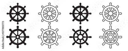 Ship steering wheel set. Boat steering wheels icon black silhouette, outline vector illustration