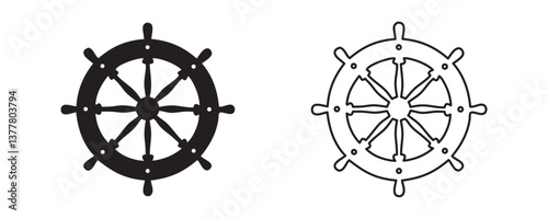 Ship steering wheel set. Boat steering wheels icon black silhouette, outline vector illustration