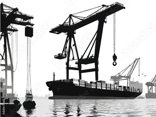 Cranes and cargo handling illustrated in a detailed EPS vector format. Container Ship and Cranes Silhouette at Dusk by the Harbor