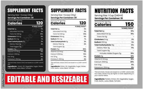 Nutrition facts database template design with vector, supplement facts, nutrition facts label, nutrition label, nutritional value, healthy food facts, nutrition information panel.
