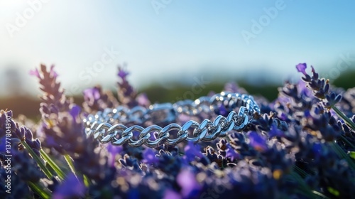 A shiny silver bracelet rests in a field of purple flowers