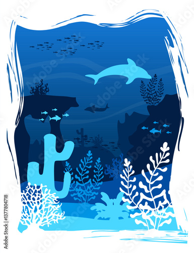 Paper Cut Underwater Landscape, Dolphins, Seaweeds