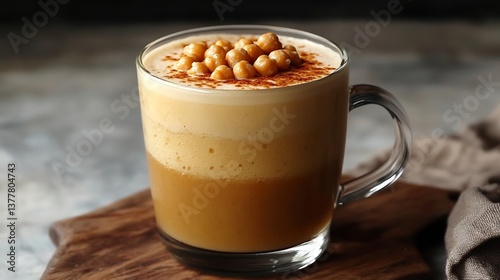 Turkish Boza Fermented Millet Drink a glass cup high key lighting making the creamy frothy texture glow vibrantly fresh roasted chickpeas on top for contrast