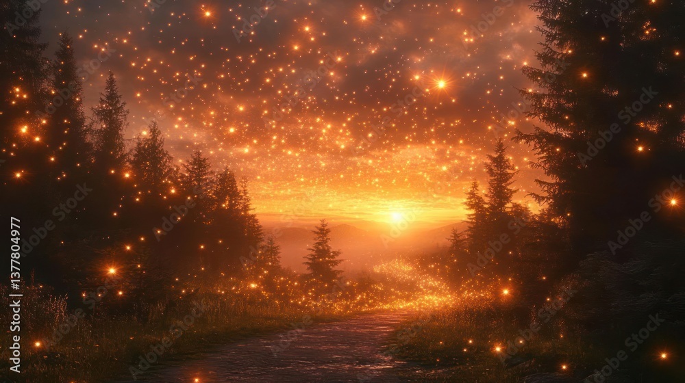 Fototapeta premium Mystical forest path at sunrise with glowing lights