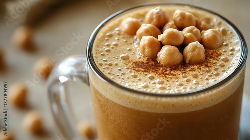 Turkish Boza Fermented Millet Drink a glass cup high key lighting making the creamy frothy texture glow vibrantly fresh roasted chickpeas on top for contrast