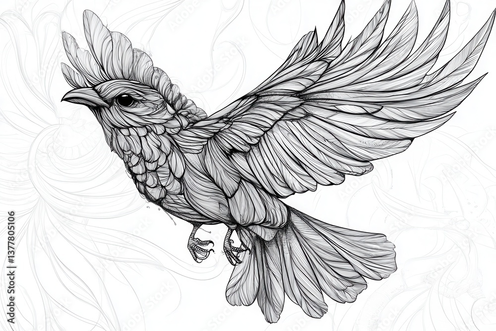 Naklejka premium Highly Detailed Stylized Flying Bird Line Art Illustration Sketch for Design